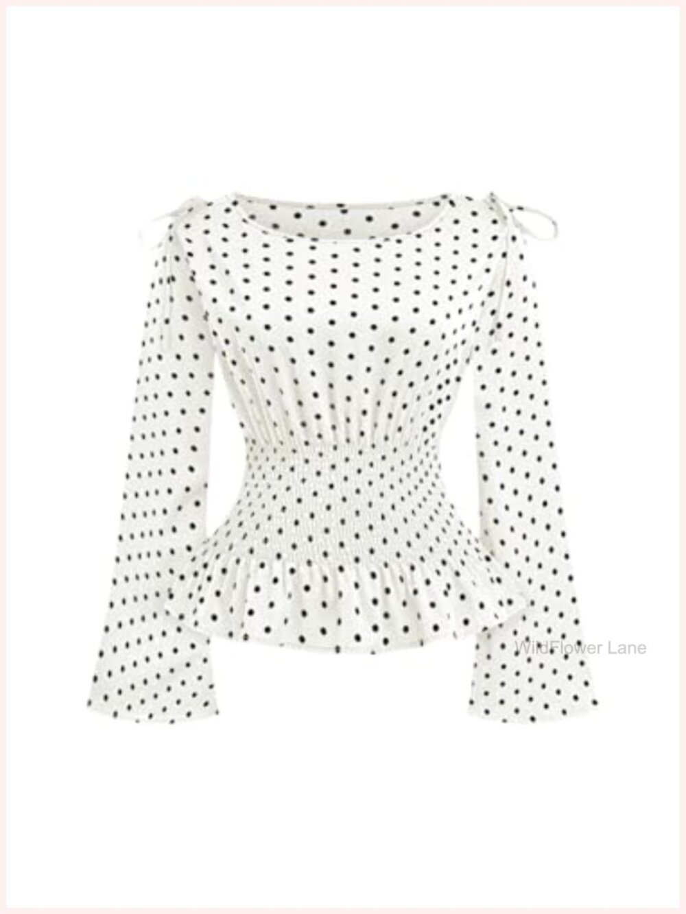 Plus Size Polka Dot Ruffle Peplum Blouse Bow Smocked Long Sleeve Top